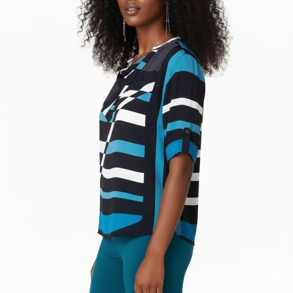 Derek Lam for Design Nation Abstract Geometric Teal & Black Striped Blouse Sz L - Picture 2 of 11